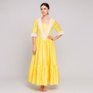 Vintage 80s Yellow Taffetta Bridgerton Style Dress w Matching Hat M